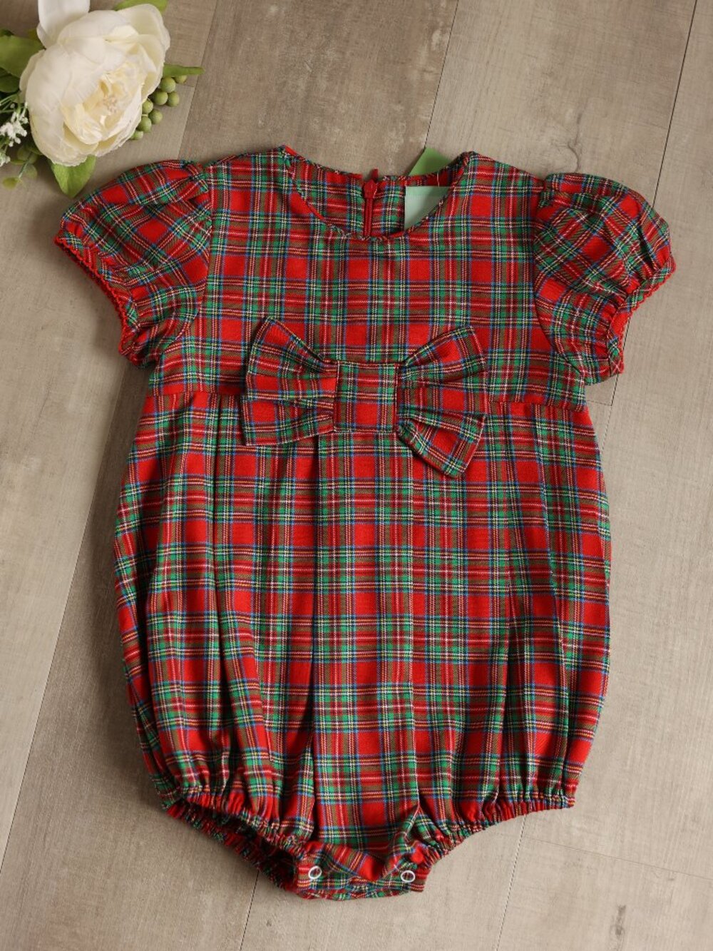 Girls Tartan Plaid Puff Sleeve Bubble Romper Red Green 18M Special Occasion NWT